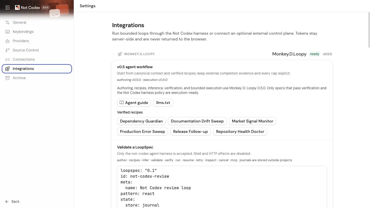 Not Codex Loopy authoring screen showing a bounded YAML specification and validation controls.