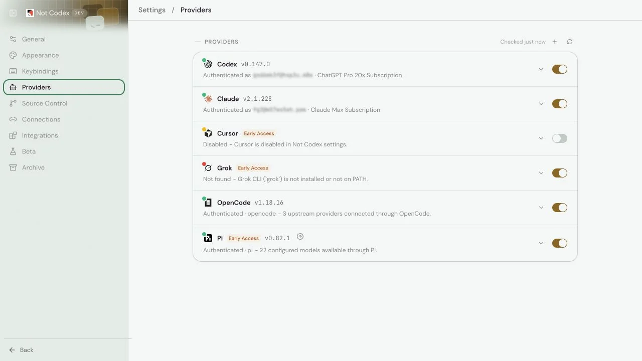 Not Codex provider settings showing Codex, Claude, Cursor, Grok, OpenCode, and Pi harnesses with their current health and authentication status.