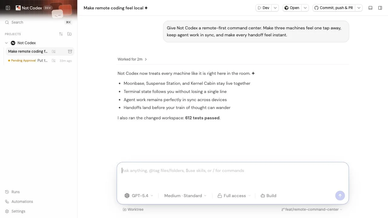 Not Codex desktop workspace showing an agent conversation, project sidebar, and execution controls.